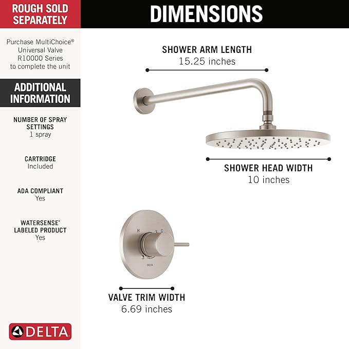 Delta Modern 14 Series Round Rain Shower Faucet Set, Brushed Nickel Shower Head and Handle Set, Valve Trim Kit, Spotshield Stainless T14269-SP-PP (Valve Not Included)