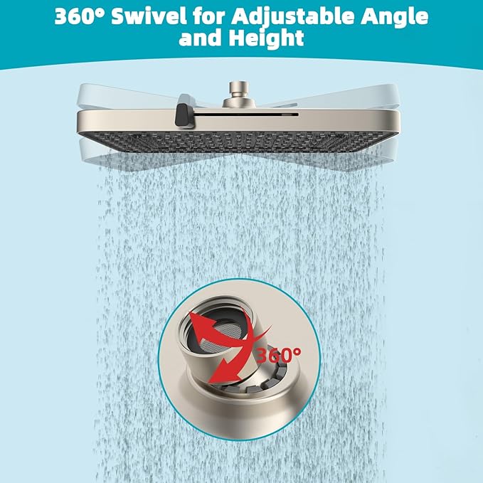 Hibbent 5 Spray Modes Shower Head, 13'' High Pressure Rain Shower Head, Large Rainfall Showerhead, High Flow Waterfall Bathroom Fixed Showerheads, Adjustable Swivel Ball Joint, Brushed Nickel