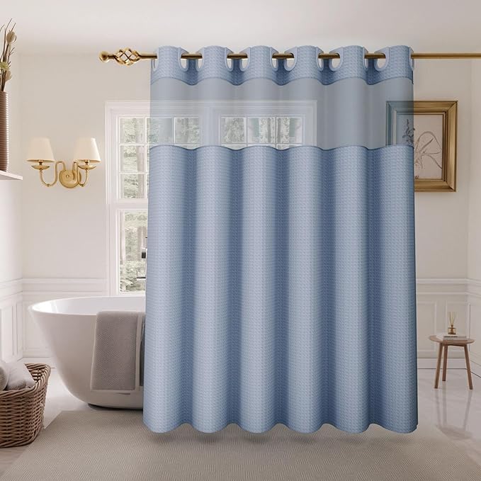 Inhousolu No Hook Shower Curtain with Snap in Fabric Liner Set Waffle Weave 230GSM Weighted Hem, Waterproof & Washable Bathroom Curtain Spa Luxury with Mesh Top Window 72" W x 72" L Moonlight Blue