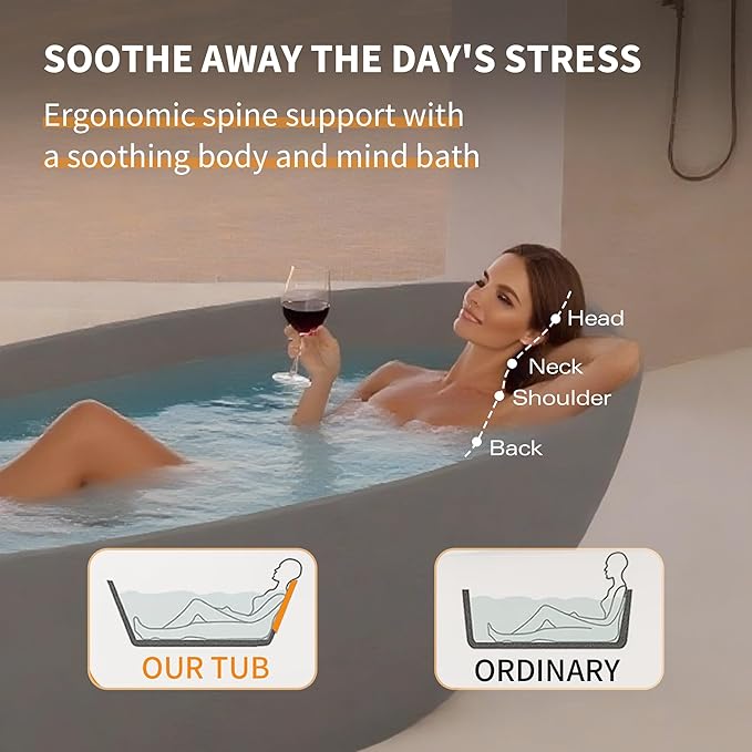 Abruzzo 65" Freestanding Solid Surface Bathtub - Stone Resin Soaking Tub with Overflow & Pop-Up Drain, cUPC Certified Matte Grey, 69 Gallon Capacity Deep Soak Tub for Modern Bathrooms