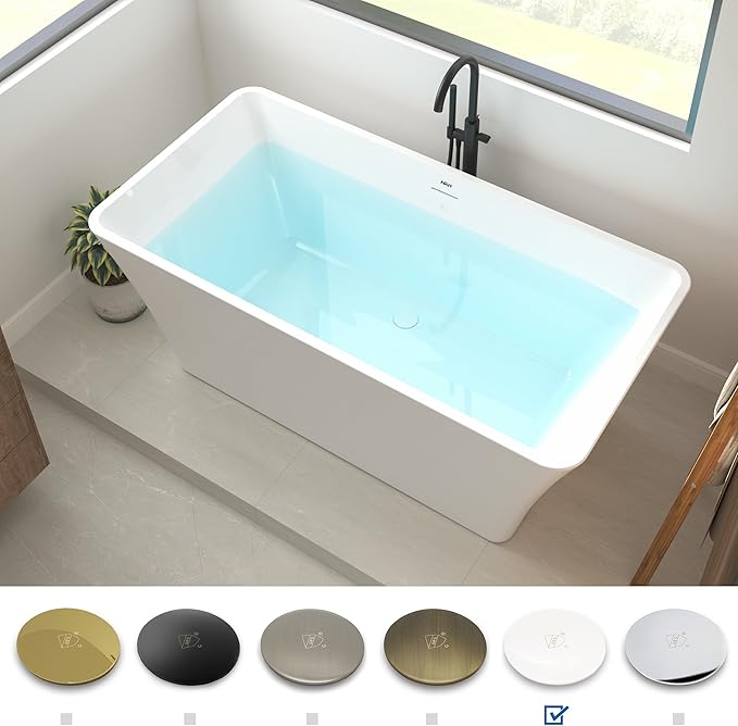 FerdY Sentosa 59" Acrylic Freestanding Bathtub, Contemporary Design Soaking Tub with Polished White Drain and Minimalist Linear Design Overflow, Easy to Install