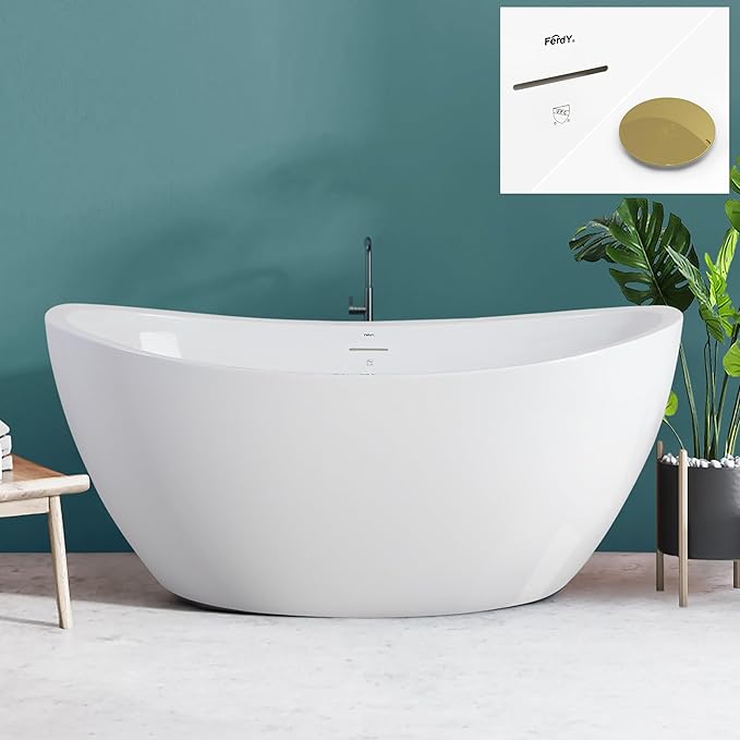 FerdY Naha 59" Acrylic Freestanding Bathtub, Curve Edge Freestanding Soaking Bathtub, Glossy White, cUPC Certified, Brushed Gold Drain & Minimalist Linear Design Overflow Included, 02588