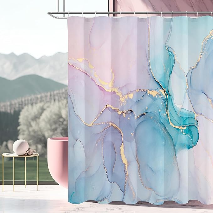 Gibelle Extra Long Shower Curtain 72 x 84, Tall Abstract Marble Shower Curtain, Pink Turquoise Modern Ink Art Waterproof Fabric Shower Curtain Set with Hooks