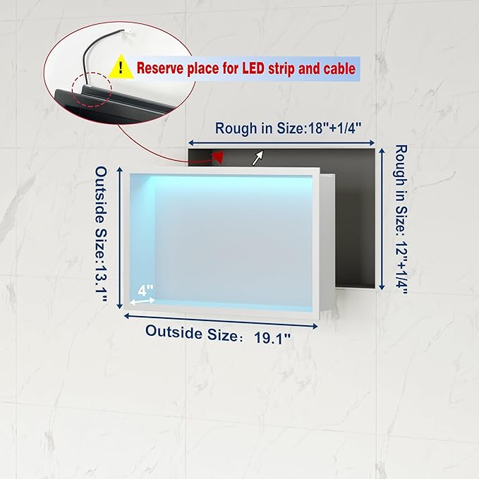 White Stainless Steel Shower Niche 18x12Inch, Dimmable RGB Led Light Wall Niche, No Tile Needed Recessed for Bathroom Storage Built-in Installation