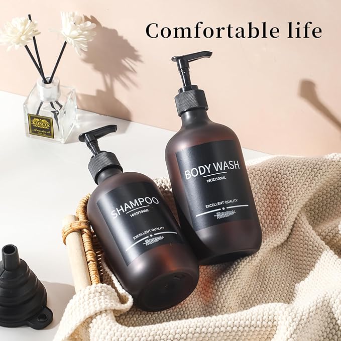 Refillable Matte Amber Plastic Shampoo and Conditioner Bottles (5 Pack, 16.9oz), with Pumps and Labels