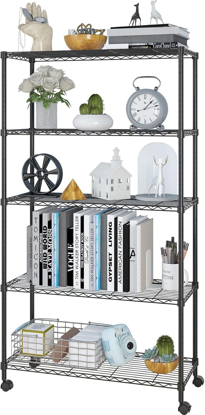 5 Tier Storage Racks Shelving, Heavy Steel Pantry Shelves, Adjustable Wire Shelving Rack with Wheels, Suitable for Garage, Kitchen, Bathroom, Office, 35" W x 14" D x 65" H, Black