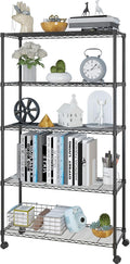 5 Tier Storage Racks Shelving, Heavy Steel Pantry Shelves, Adjustable Wire Shelving Rack with Wheels, Suitable for Garage, Kitchen, Bathroom, Office, 35" W x 14" D x 65" H, Black