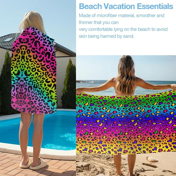 4 Pack Towels for Bathroom, Beach Towel, Microfiber Lightweight Beach Towels Oversized, Towel Accessories for Christmas Halloween Favors Travel 32x71 IN, Rainbow Leopard Colorful Neon Cheetah Print