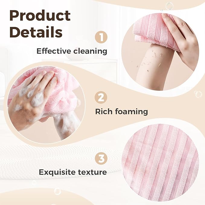 Exfoliating Shower Towel, 2026 Upgraded Exfoliating Washcloth, Body Back Scrubber for Shower, Long Scrub Towel for Women Men Full Body Exfoliator (2 Pcs)