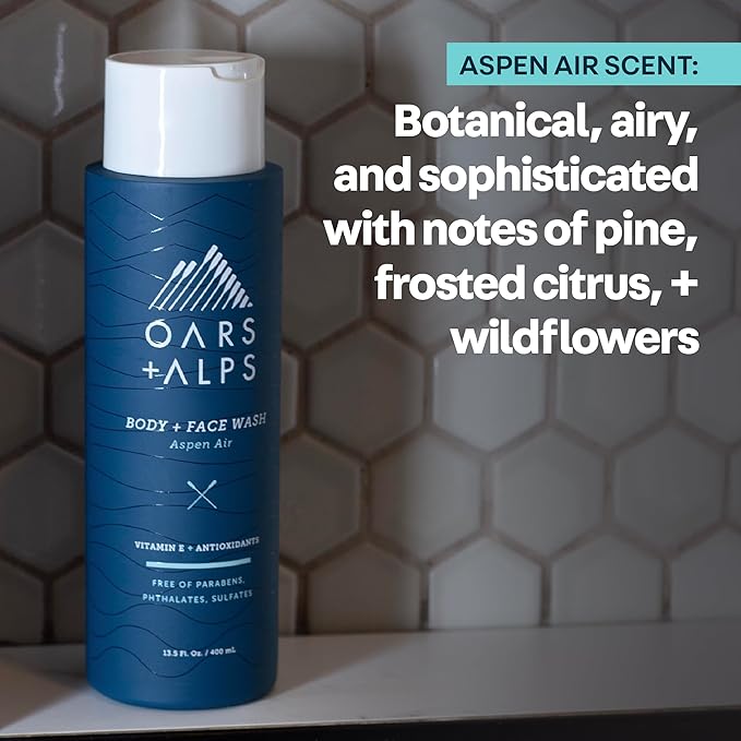 Oars + Alps Body and Face Wash for Men, Mens Body Wash & Face Cleanser with Vitamin E and Antioxidants, Moisturizing, Hydrating, Paraben & Sulfate Free Cleanser, Aspen Air, 1pk