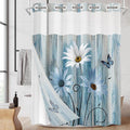 No Hook Blue Daisy Shower Curtain with Snap in Fabric Liner Set, Wooden Boards Double Layers Waterproof Fabric with See Through Top Window Open Grommet Bath Curtain 71x74 Inch