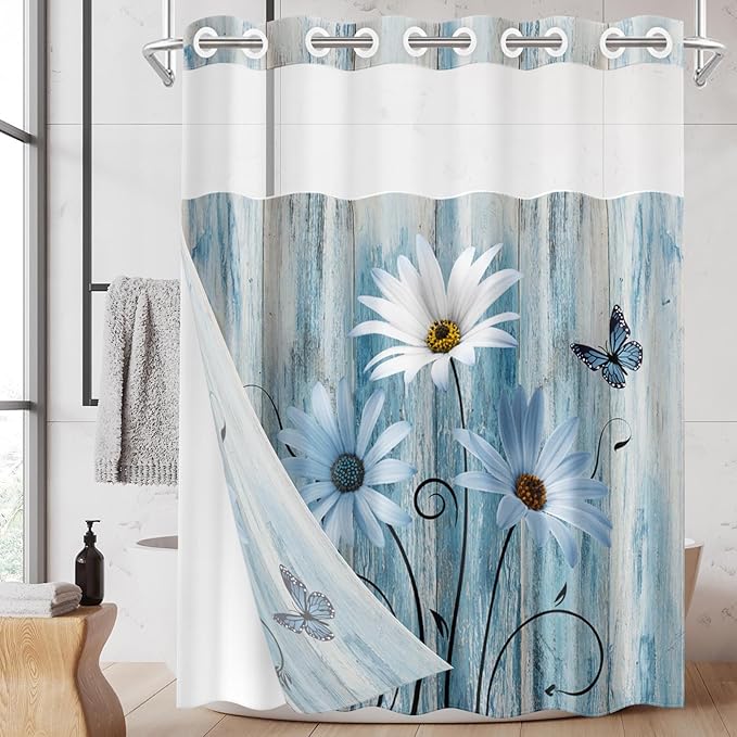 No Hook Blue Daisy Shower Curtain with Snap in Fabric Liner Set, Wooden Boards Double Layers Waterproof Fabric with See Through Top Window Open Grommet Bath Curtain 54x80 Inch