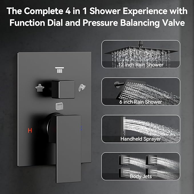Shower System with Body Jets, Bostingner Four Modes Shower Faucet 12+6" Rain Shower Head with Handheld Spray 2 Ways, 4Pcs Shower Jets System in Wall Shower Faucet Sets Complete, Matte Black