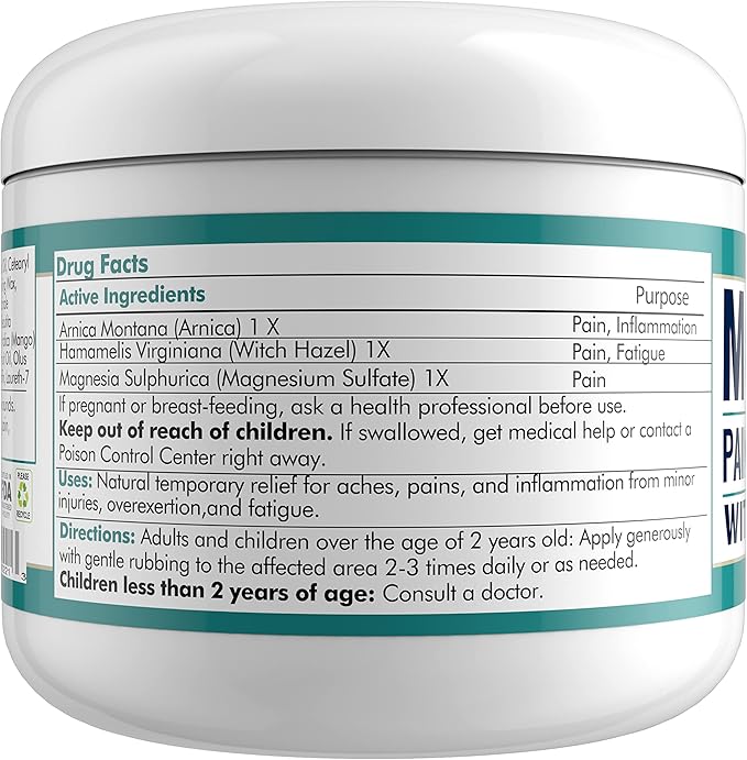 MARS WELLNESS MG+ Hemp Pain Cream (4 oz) - Maximum Strength Arnica & Magnesium Cream for Sore Legs, Joints & Muscle Cramps - Unisex Adults