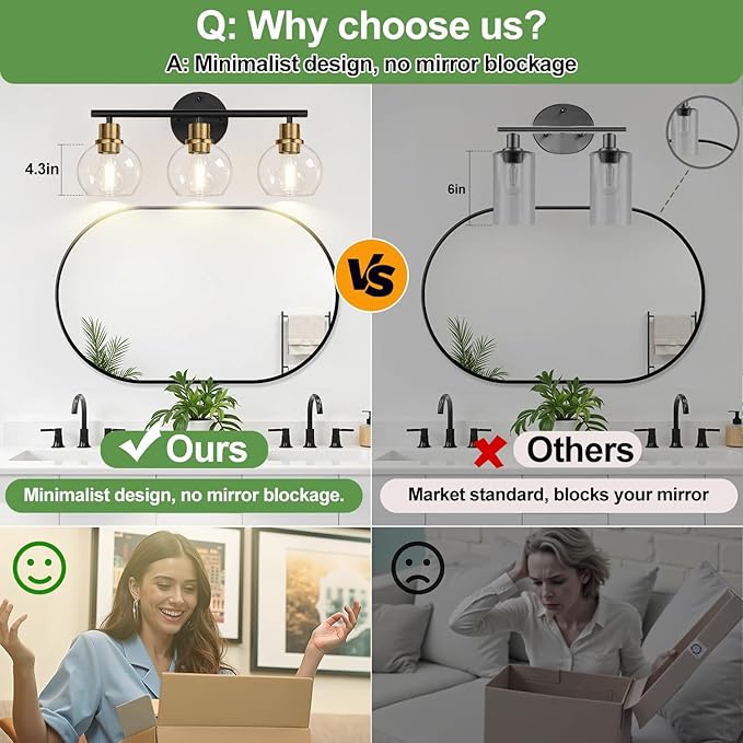2025 Upgrade 3-Light Bathroom Light Fixtures, Black and Gold Bathroom Lights Over Mirror with Clear Glass Globe Shade, Vanity Lights for Bathroom Kitchen Living Room Hallway Cabinet Bedroom Porch