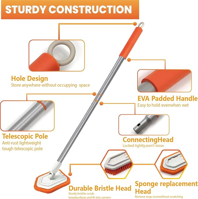 Shower Scrubber for Cleaning with Long Handle,Cleaning Brush with 2 Interchangeable Scrub Brush for Bathroom, Bathtub, Wall, Floor