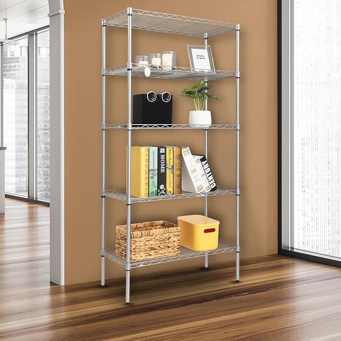 5 Tier Storage Racks Shelving, Heavy Steel Pantry Shelves, Adjustable Wire Shelving Rack, Suitable for Garage, Kitchen, Bathroom, Office, 24" W x 14" D x 59" H, Chrome