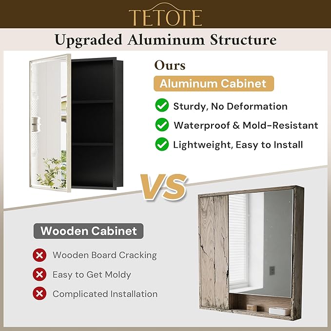 TETOTE Brushed Nickel Medicine Cabinet 24" x 30" Bathroom Mirror with Storage HD Glass Beveled Aluminum Frame Stepless Adjustable Shelves, Recessed or Wall Mount