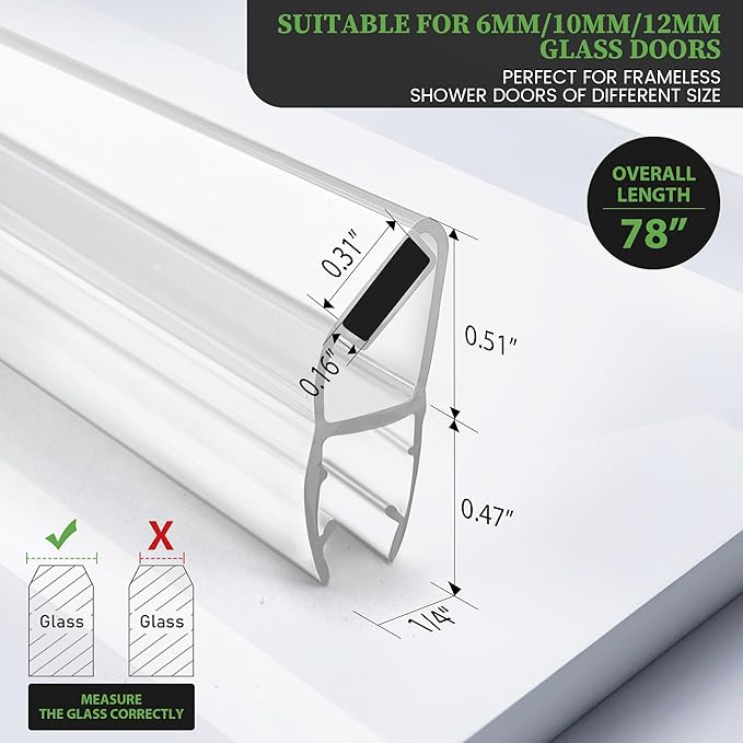 Bathroom Shower Glass Door Side Seal Strips, Length 78 Inch 2PCS Transparent PVC Door Side Seall Strips with Magnetic Stripe for 1/4" (6MM) Thick Framless Glass Panel