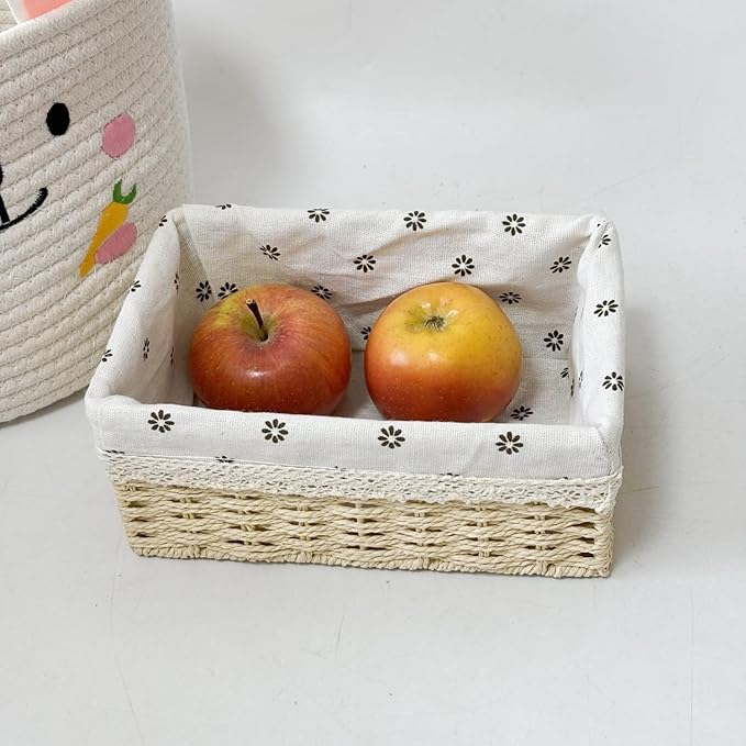 4-Pack Handmade Beige Woven Paper Rope Storage Baskets with Inner Handles & Removable Liners, Rectangular Organizers for Drawers, Shelves & Closets, Decorative Small Storage Bins
