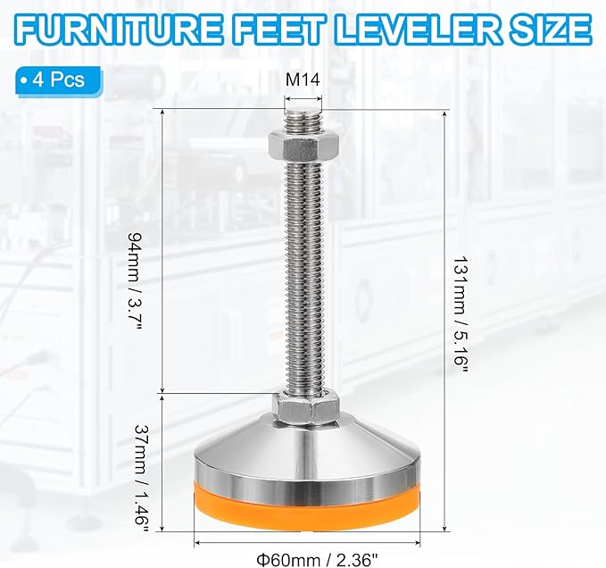 PATIKIL Furniture Leveling Feet 2.4" Dia Base M14 Thread, 4 Pcs Carbon Steel Adjustable Threaded Furniture Levelers Screw on Leg Leveler with Pads for Desk Chair Cabinet, Orange