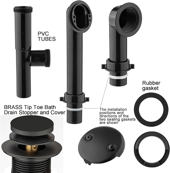 (1 Pack) Yariwiz 1-1/2" Matte Black Bathtub Tub Drain Kit Bath Waste Overflow Drain Tube Assembly with Bathtub Fast Installing Pop Up Plug and Overflow Faceplate Matte Black