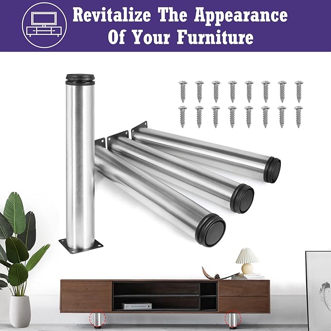 14 Inch Metal Furniture Legs Stainless Steel Adjustable Legs Silver Metal Legs Round Cabinet Legs for Coffee Table Cabinet Desk Sofa Shelves, Pack of 4