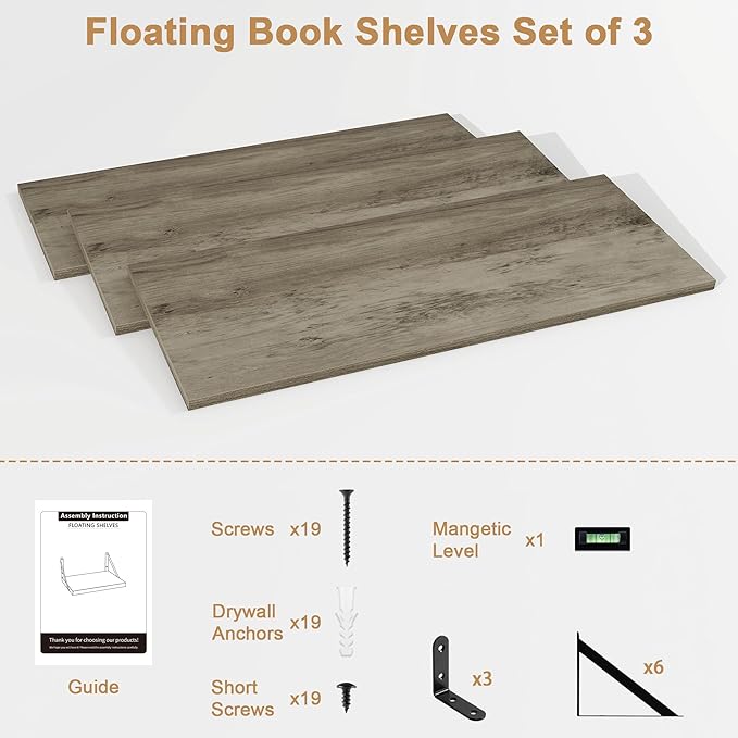 Fun Memories Floating Shelves, 32 x 8 Inches, Set of 3 Wall-Mounted Bookshelves with Metal Brackets, Decorative Storage for Home and Office (Grey)