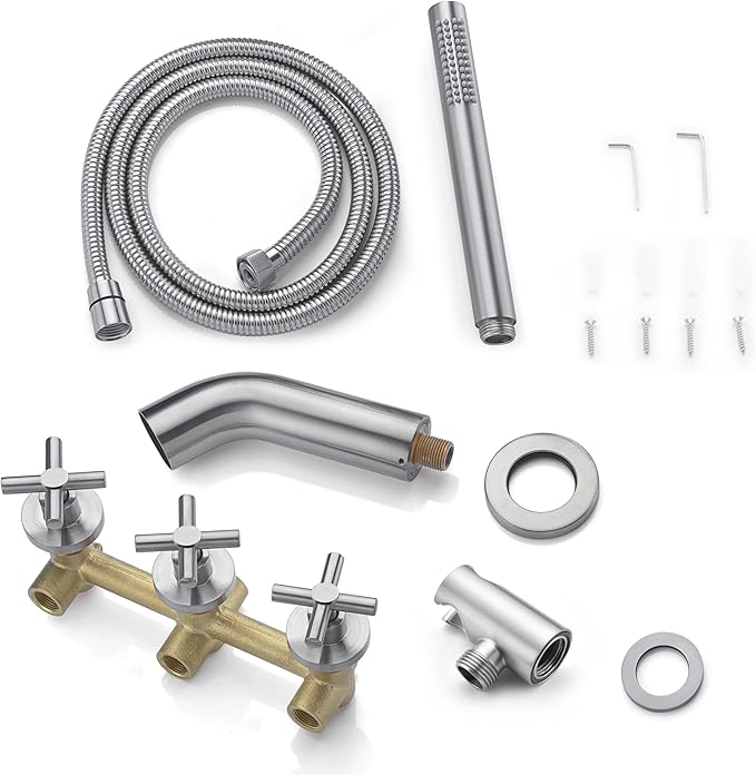 sumerain 3 Handle Wall Mount Tub Faucet with Sprayer, High Flow Waterfall Bathtub Faucet Brushed Nickel