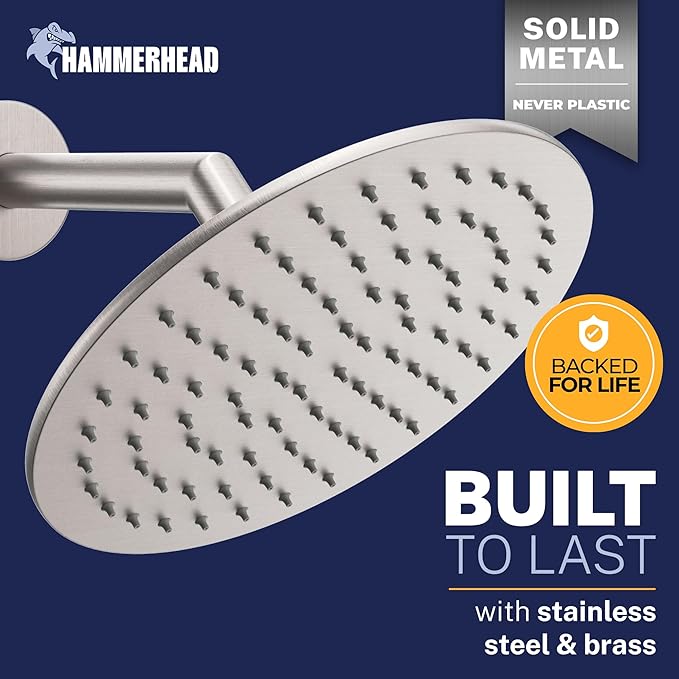 HammerHead Showers® Solid Metal 8 Inch Rainfall Shower Head – BRUSHED NICKEL - Shower Head Rainfall - 2.5 GPM High Flow Shower Head Optimized for Pressure – Large Round Rain Shower Heads
