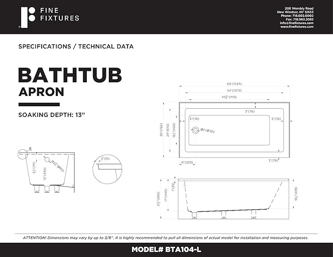 Fine Fixtures Acrylic, Fiberglass Alcove Soaking Bathtub with Integral Apron Front - Drain Included (60" x 30", Left Hand, Black)