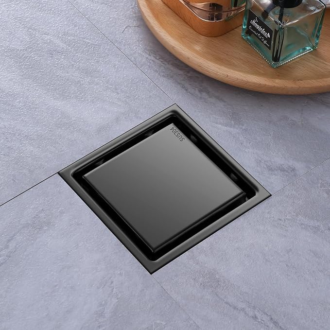 Hidden Brushed Square Shower Floor Drain, Black 4 inch, 304 Stainless Steel, with Flange, Detachable Cover Embedded in Ceramic Tiles