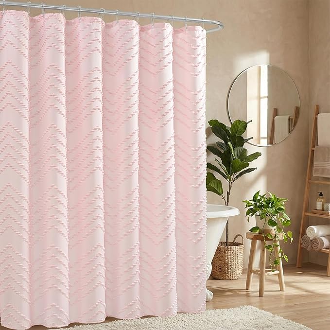Pink Shower Curtain Boho Shower Curtains for Bathroom Girly Cute Shower Curtain Tufted Chervon Textured Stripes Modern Minimalist Bathroom Decor 72x72