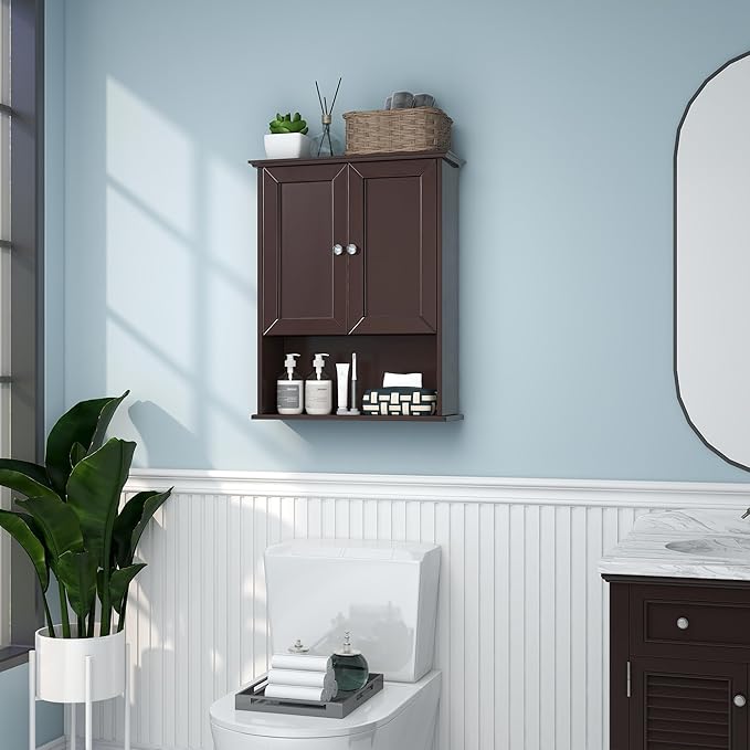Bathroom Wall Cabinet Expresso Over Toilet Storage - 24x30 in Above Toilet Wood Medicine Cabinet with Adjustable Shelf & 2 Door Mounted Wall Cabinet