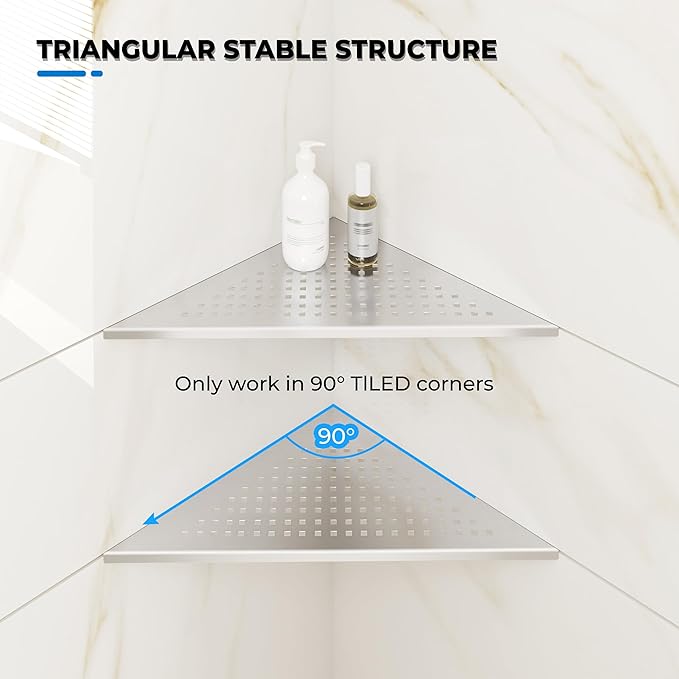 FerdY 2-Pack 10" Brushed Nickel Recessed Corner Shower Shelf, for Tiled Bathroom Walls, 304 Stainless Steel Floating Shower Shelf, Shower Caddy Storage Shelves, No Drilling Required, Point Triangle