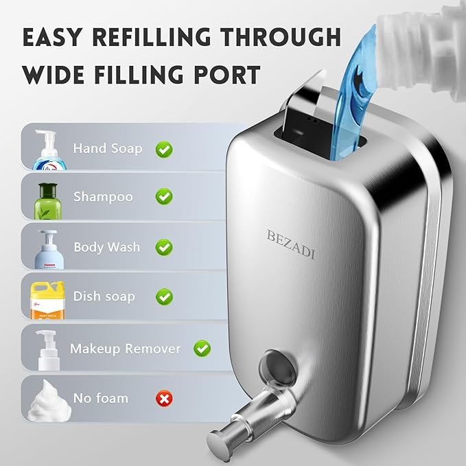 Stainless Steel Hand Soap Dispenser for Bathroom Kitchen 35fl oz/1000ml Wall Mount Liquid Soap Dispensers 8183
