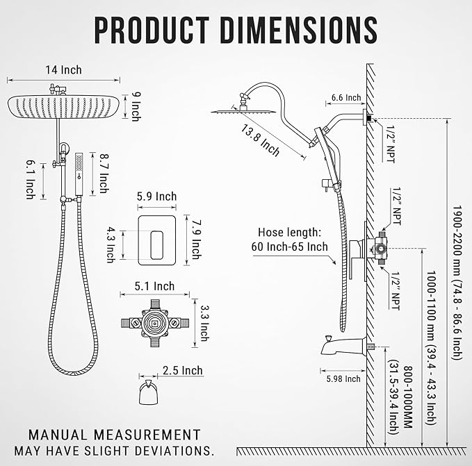 G-Promise 14 Inches Shower faucet Sets Complete, All Metal Rainfall Shower Head and Handle Set, Extended Downward Diverter, Extension Arm Pressure Balance Rough-in Valve and Tub Spout Included