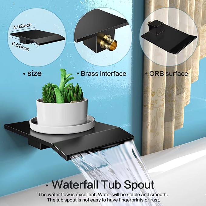 Rain Shower System 12 inch Shower Faucet Set with Tub Spout,Bathroom Wall Mounted Waterfall Shower Head Faucet Sets Complete with Handheld Spray,Rough-in Valve Body and Trim kit,Matte Black