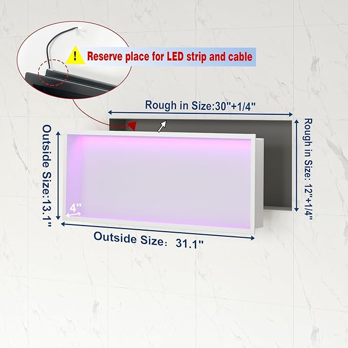 30X12 RGB Shower Niche, White Stainless Steel LED Wall Recessed Organizer, No Tile Needed Wall Niche for Bathroom Storage Built-in Installation