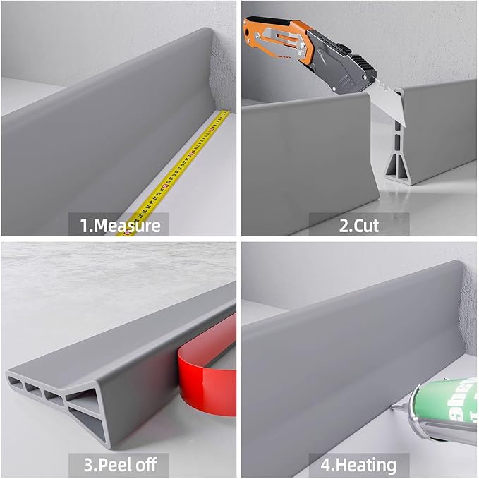 Raycity 3" High Shower Threshold Water Dam 98 IN Collapsible Shower Water Splash Guard for Curbless Shower Threshold Barrier Water Stopper for Wet and Dry Separation Bathroom and Kitchen (Grey)