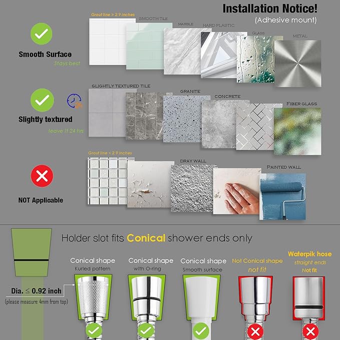 Handheld Shower Head Holder - 5 Positions Adjustable + 90° downwards - Adhesive Wall Mount - Fits Large showerhead - Wider Slot For Universal Fits - Polished Chrome