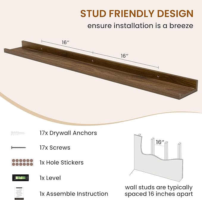 Axeman Picture Ledge Shelf, Floating Shelves for Wall Decor Storage Set of 6, 48 inch Floating Wall Mounted Shelves, Shelves with Lip for Living Room, Bedroom, Nursery, Bathroom, Kitchen, Walnut