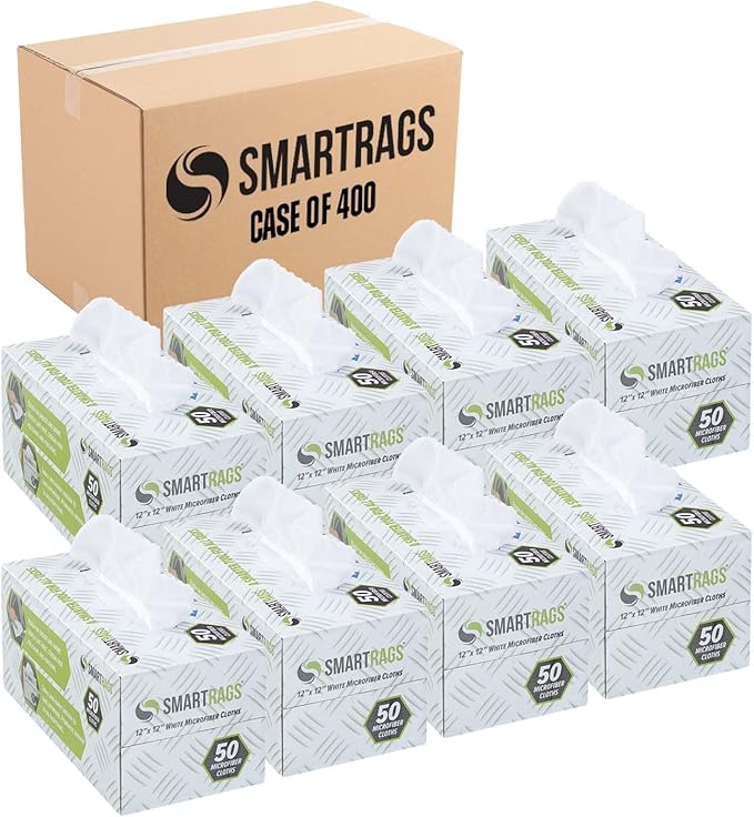 Arkwright Smart Rags in Box - (Bulk Case of 400) Lint Free Microfiber Cleaning Cloth, Scratch & Streak-Free, Dispensable Wash Towels for Cars, Window Glass, and Auto Shop, 12 x 12 in, White