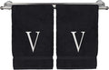 Monogrammed Hand Towel, Personalized Initial Gift, Extra Absorbent 100% Turkish Cotton - Soft Terry Finish - Set of 2 - White Block Initial V - Embroidered on Black Towels