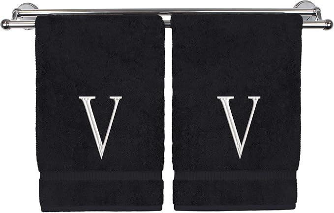 Monogrammed Hand Towel, Personalized Initial Gift, Extra Absorbent 100% Turkish Cotton - Soft Terry Finish - Set of 2 - White Block Initial V - Embroidered on Black Towels