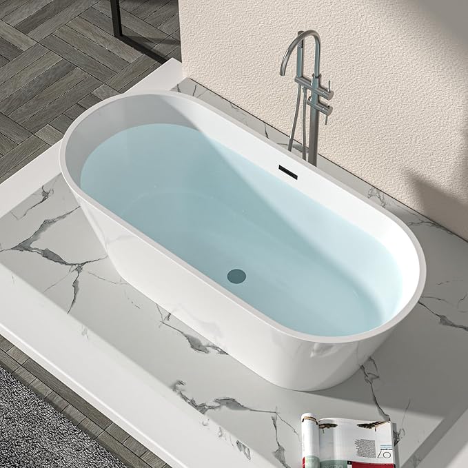 Logmey 67 Inch White Acrylic Freestanding Bathtub Oval Shape Soaking Tub with Black Drain & Overflow Assembly for Classic and Modern Bathrooms