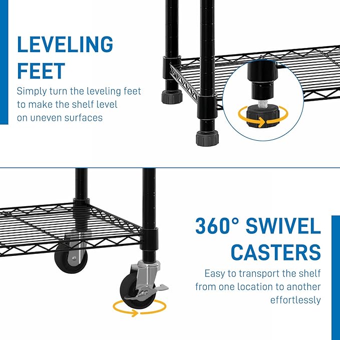 6 Tier Storage Racks Shelving, Heavy Steel Pantry Shelves, Adjustable Wire Shelving Rack with Wheels, Suitable for Garage, Kitchens, Bathroom, Offices, 46" W x 17.7" D x 82" H, Black