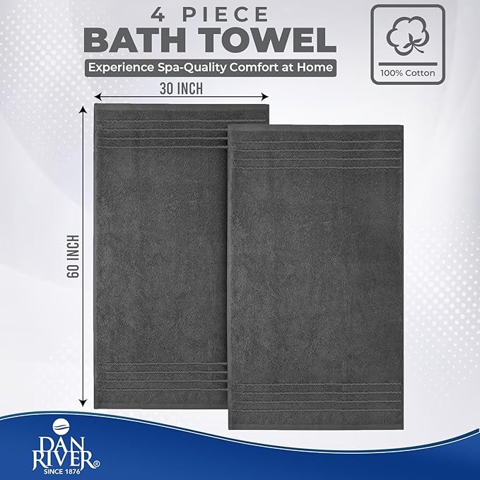 DAN River Extra Large Bath Towels Set of 4, 30 x 60 Inches - 100% Cotton Larger & Lighter Weight Towels for Bathroom - Quicker to Dry, Super Soft & Highly Absorbent Towels for Home, Gray