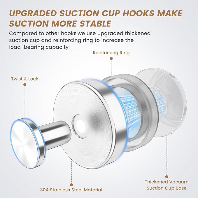 BKV Suction Cup Hooks for Glass Window,Removable Shower Hooks for Inside Shower,Metal Towel Hooks for Bathrooms,2 Pack(Silver)