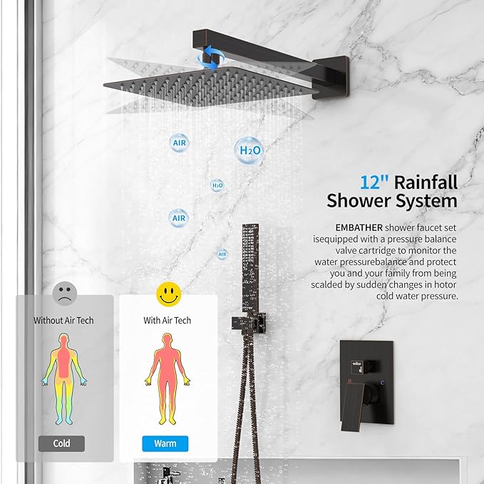 EMBATHER Oil Rubbed Bronze Shower System-12 Inches Shower Faucet Set with Square Rain Shower Head and Handheld High Pressure Shower Combo Set for Bathroom Wall Mounted (Contain Rough-in Valve & Trim)